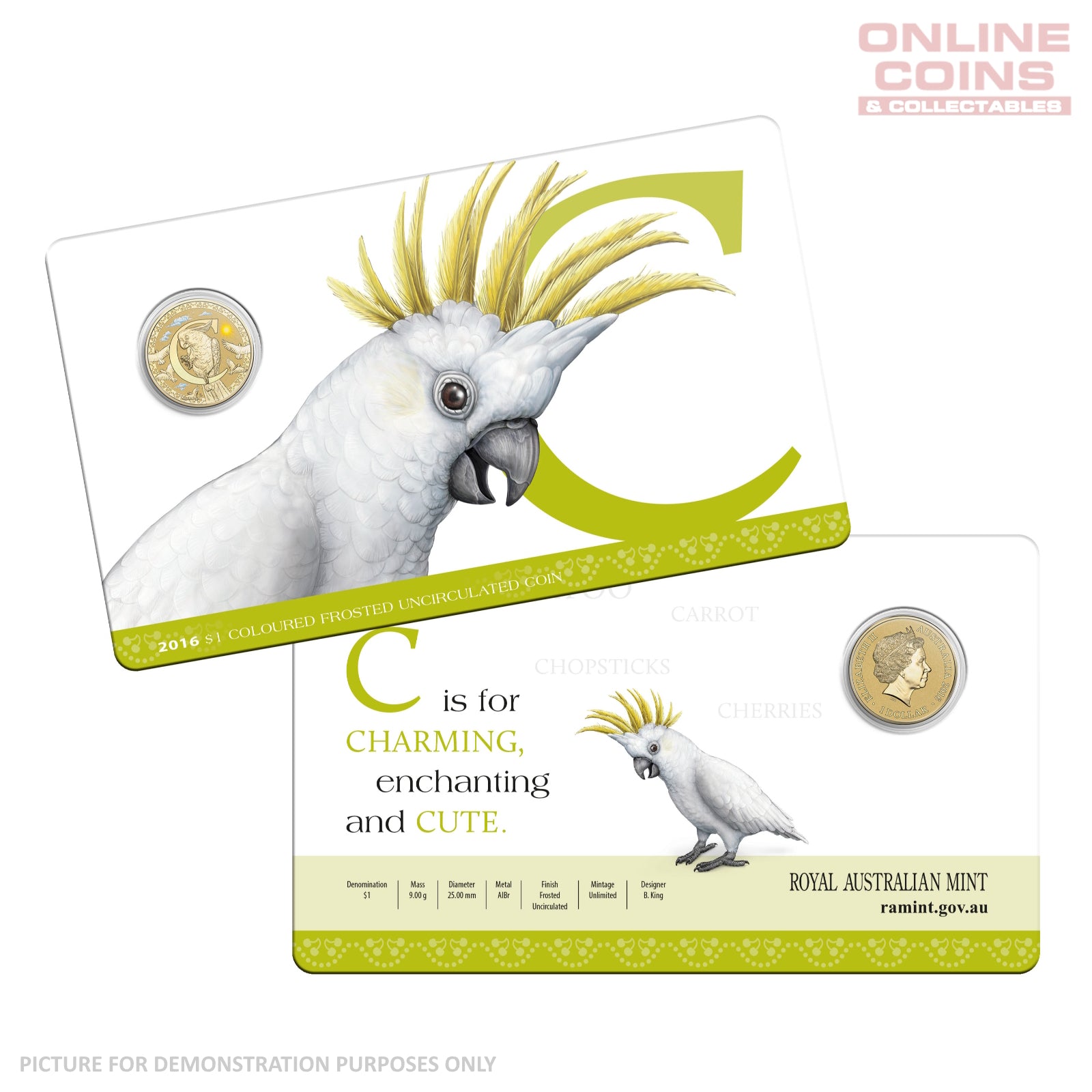 2016 $1 Coloured Alphabet Frosted Coin In Card - C For Cockatoo